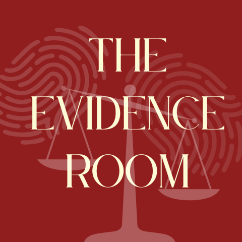 A red background with subtle fingerprints and scales of justice with the words The evidence room