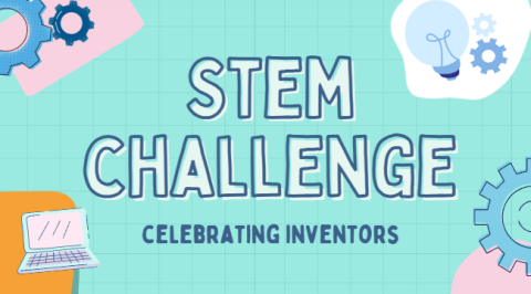 teal grided background with two blue gears in the top lefthand corner, open laptop in the bottom lefthand corner, a lightbulb and two gears in the top righthand corner, and large blue gear in the bottom righthand corner with the words in bold with letters stem challenge across the middle and smaller blue letters along the bottom saying celebrating inventors