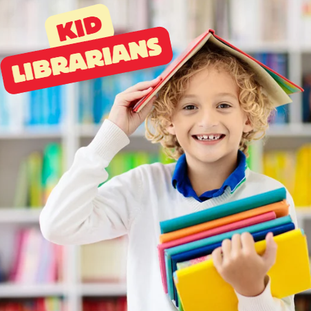 a smiling young boy holding books with one open on his head with the words "kid librarians" in the upper right hand corner