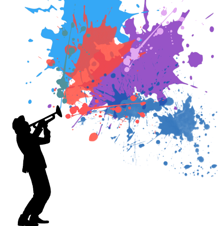 silhouette of a person playing a trumpet with colorful paint splatter symbolizing the music coming out of his instrument