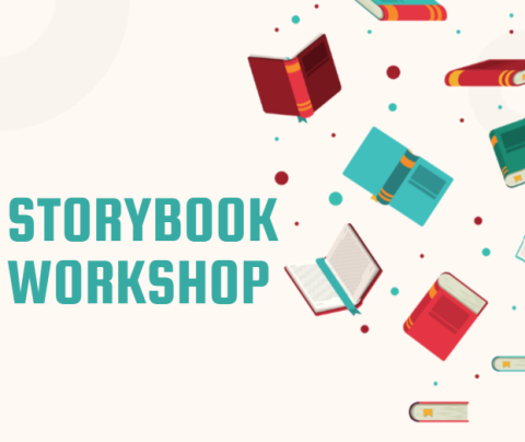 various books floating around with the words storybook workshop