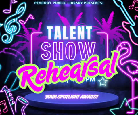 neon purple and blue music notes and instruments with the words talent show rehearsal in neon letters