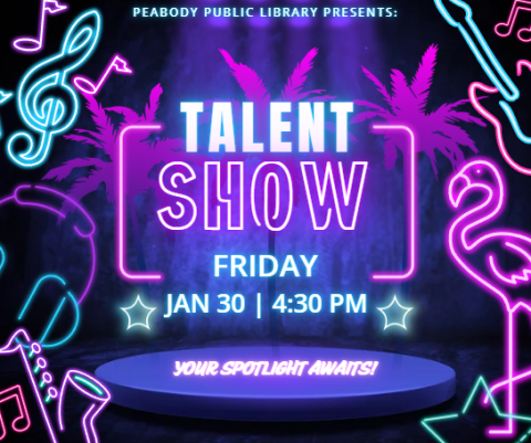 neon purple and blue music notes and instruments with the words talent show in neon letters