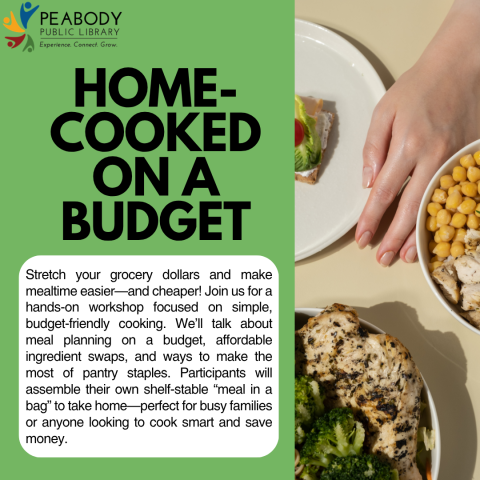 a green background with black lettering with a picture of food with a hand with it