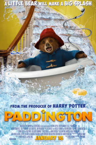 Flyer for the movie paddington. The words "A little bear makes a big splash" across the top of the flyer with an image of a bear riding a bathtub down a waterfall going down a flight of stairs. With the words "From the producers of harry potter" and the title of the film "Paddington" below it