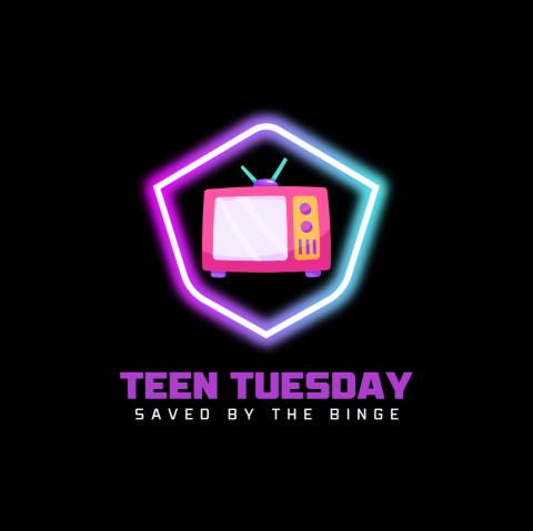 black background with a neon shape at the center, inside the shape is an old school box tv. at the bottom in big purple lettering it reads "Teen Tuesday" under that it says "saved by the binge"