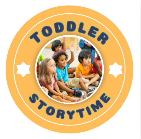 orange circle with a picture of a kids in the middle the words toddler storytime surrounding the picture with white stars separating the words
