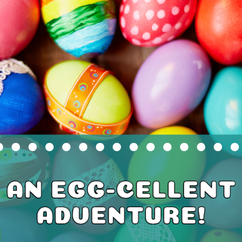 Various easter eggs as the background with a sheer blue veil covering half the image and the words "an egg-cellent adventure" is on top of it