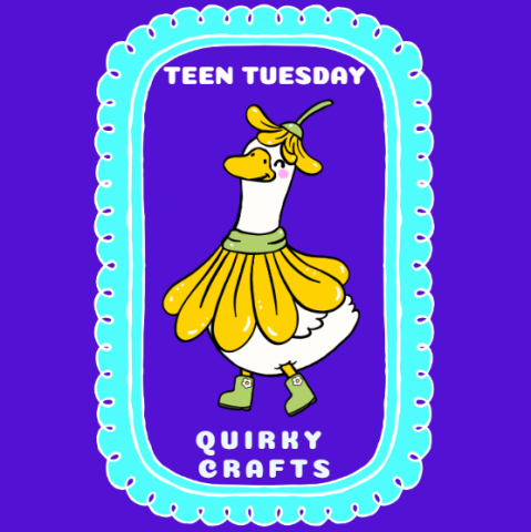 Purple background with a teal picture frame. Inside the frame, at the top are the words "Teen Tuesday", beneath it is a goose wearing a a flower dress and matching hat, and at the very bottom are the words "Quirky Crafts" 