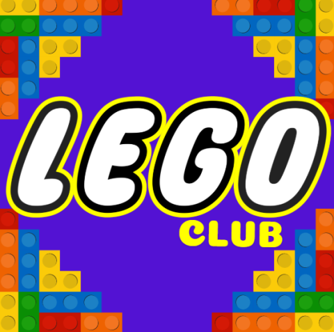 The four corners have various Lego's outlining them with the words 'LEGO CLUB" in the center. This is all on a purple background. 