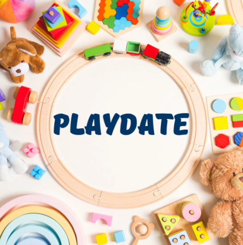 A circle of wooden train tracks with the word "PLAYDATE" in navy blue lettering, surrounded by various children's toys 