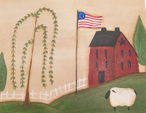 No registration required—Space is limited to the first 15 participants, so come early to secure your spot! Doors will open at 5:25 p.m.  Join us for a cozy painting session where we’ll create a charming primitive-style scene featuring a rustic barn, a graceful willow tree, and a sweet little sheep. This class is for all skill levels—even if you’re brand new to painting! You will be guided step-by-step as we layer simple shapes, soft colors, and folk-art details to bring this peaceful country scene to life. 