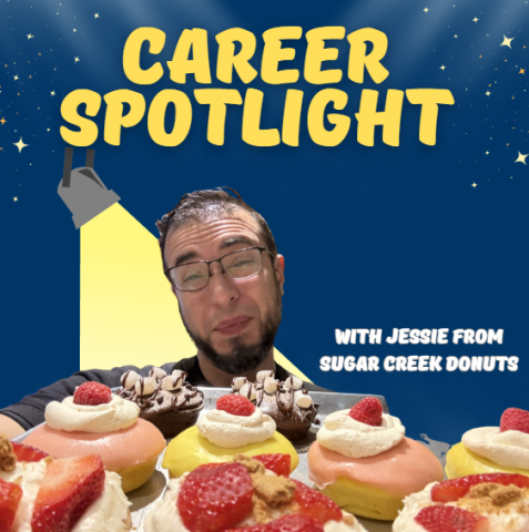 Navy blue with the words "Career Spotlight with Jessie from Sugar Creek Donuts" across the top with a spotlight on Jessie holding a tray of donuts below it.  