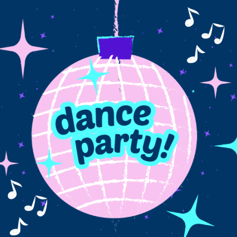 Navy blue background with stars and music notes spread around it. In the center is a lilac colored disco ball with the words "dance party" on it