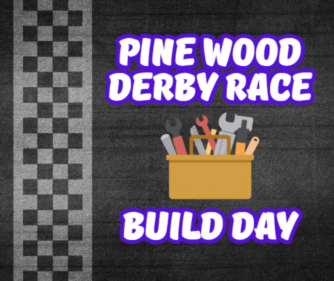 A race track finish line with a box full of tools and the words "Pine Wood Derby Race" above it and "Build Day" below it
