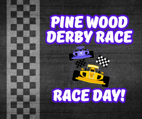 A race track finish line with a box full of tools and the words "Pine Wood Derby Race" above it and "Race Day" below it
