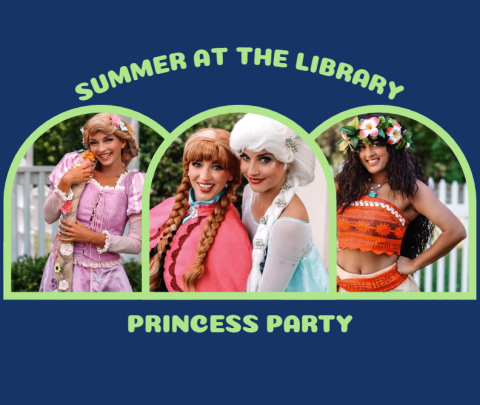 navy blue background with the words "summer at the library" at the top then there is a frame with a photo of Rapunzel, Elsa, Anna, and Moana. The words "Princess Party" is below it.