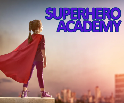 A little girl wearing a super hero cape is standing on something and looking at a city in the horizon. the words "superhero academy" are in the top right corner