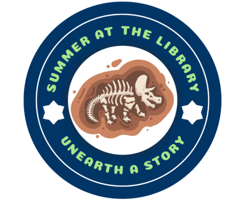navy blue circle with the words "summer at the library, unearth a story" in the outline. there is a triceratops fossil in the center 