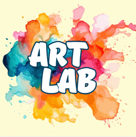 yellow background with splatters of various paint colors and the words "Art Lab" on top