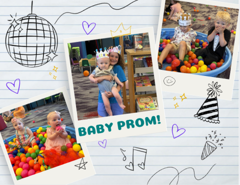 a notebook background with various scribblings on it, and 3 polaroid pictures of babies and toddlers doing different activities, the middle polaroid has the words "baby prom" on the bottom