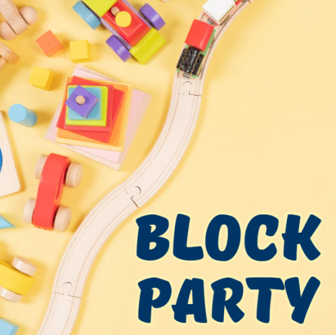 yellow background with various toy blocks on the left side and the words block party in the bottom right