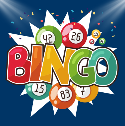 Navy blue background with different colored bingo balls all around the word "BINGO"