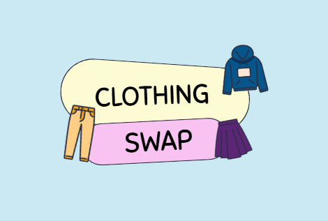 Blue background with the words "clothing swap" in yellow and pink text bubbles, and various clothing items spread around