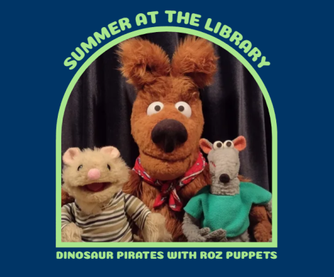 navy blue background with the words "summer at the library" at the top then there is a frame with a photo of 3 puppets. The words "Dinosaur pirates with Roz Puppets" is below it.