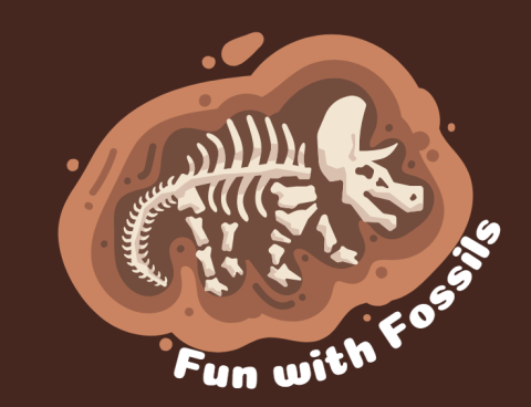dark brown background with a triceratops fossil in the center and the words "fun with fossils" off to the right side
