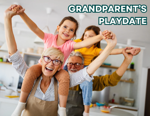children on their grandparents shoulders in their house with the words "Grandparent's Playdate" in the top right corner