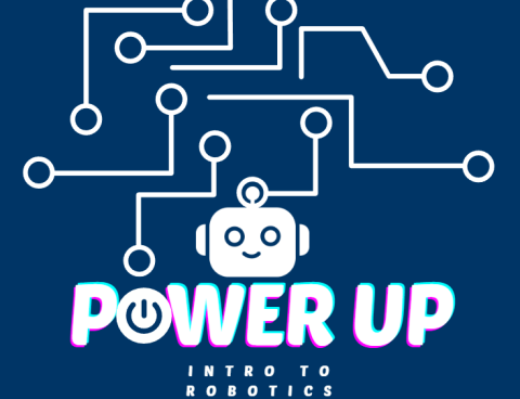 navy blue background with a robot head in the center with different connections all around, underneath are the words "Power Up Intro to robotics"