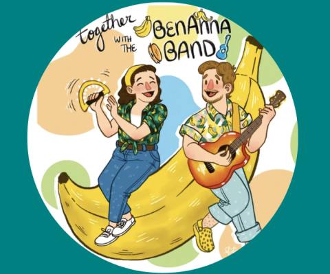 An image of a cartoon man and a woman sitting on on a banana with the words "together with the BenAnna Band" above them.
