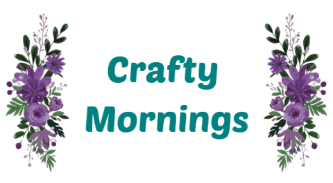Purple floral borders framing the words ‘Crafty Mornings’ in teal text.