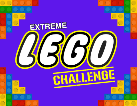 purple background with legos in all four corners and the words "Extreme Lego Challenge" in the center