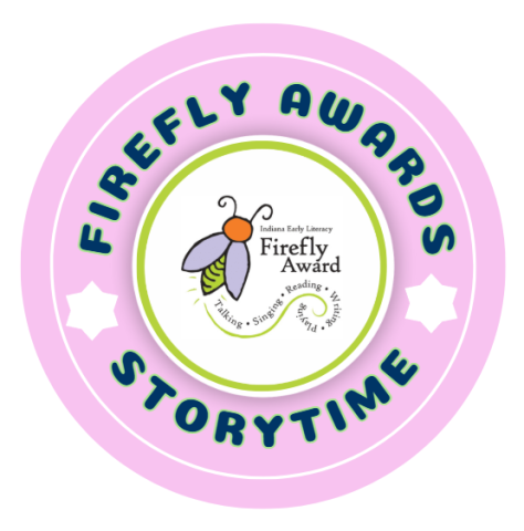 pink circle with the firefly book award logo in the middle the words firefly awards storytime surrounding the picture with white stars separating the words