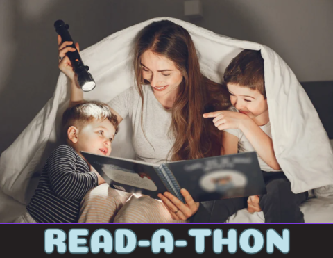 a mother reading to her two children while  huddled under a blanket, holding a flash light with the words "Read-A-Thon" underneath it