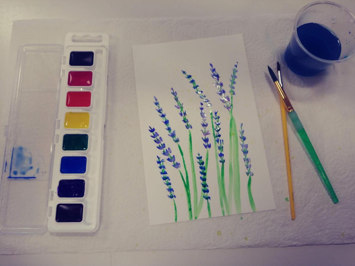 Watercolor supplies, watercolor painting of lavender