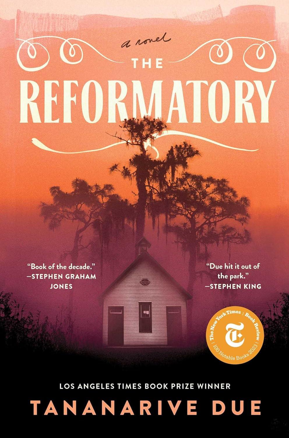 Cover of the book The Reformatory, which features a small white home with tall cypress trees looming eerily above it in a dusky haze