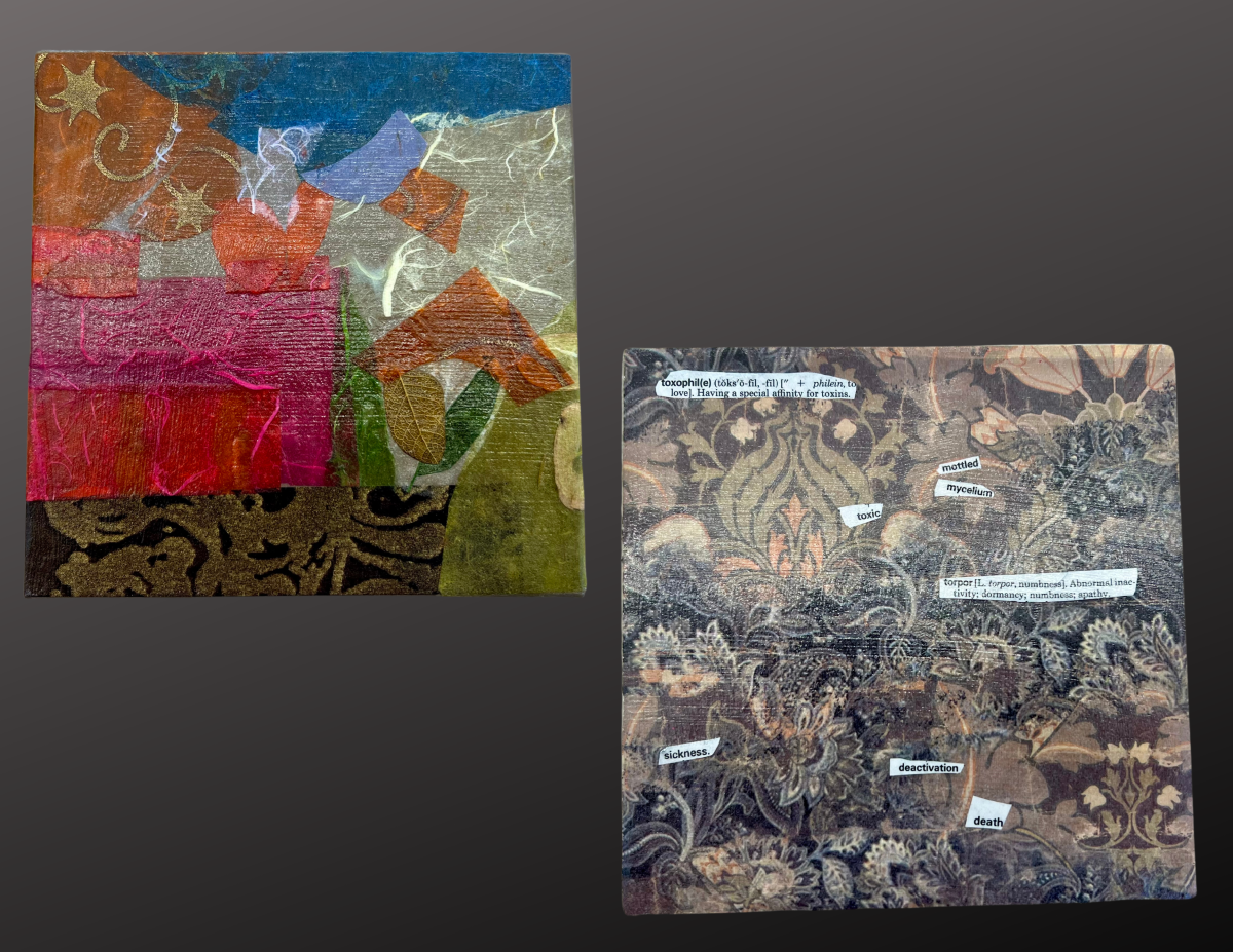 Two ceramic tiles decoupaged with assorted craft papers.