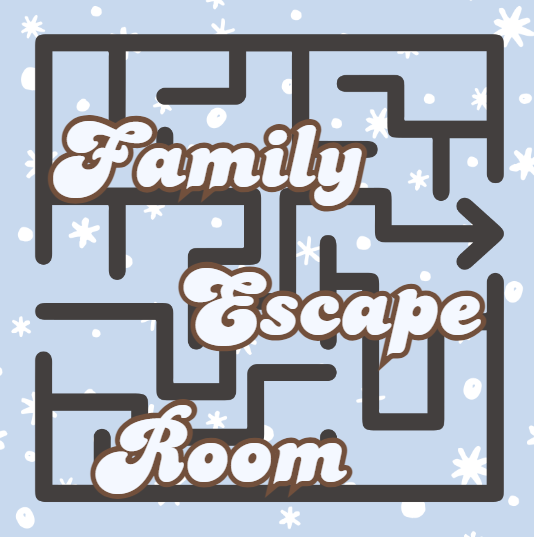 a blue snowy background with a black maze layout overtop. the words "family escape room" in big block white lettering across the whole thing