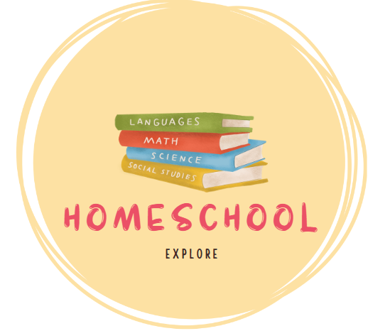 a yellow circle background with four school textbooks stacked on top of one another labeled "languages, math, science, and social studies" from top to bottom. under the books in large red lettering is "homeschool" and under that in smaller black lettering is "explore".