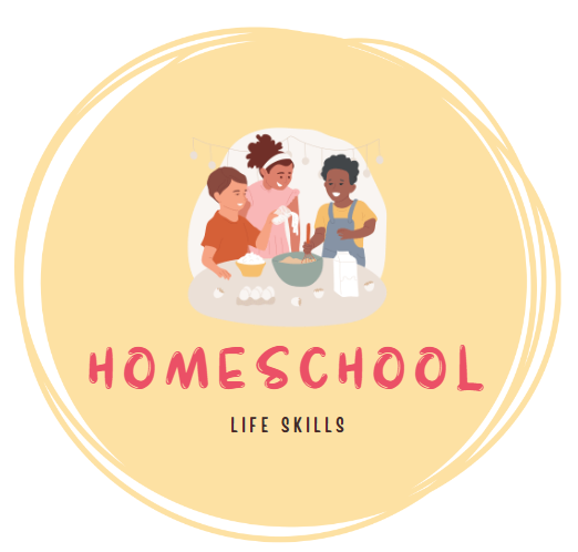 yellow circle background with an image of three children cooking underneath in red lettering states "homeschool" and under that in smaller black lettering states "Life Skills".