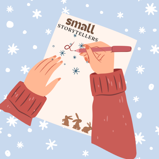 a blue snowy background and a person's arms with a pink sweater on writing on a small piece of paper. on the paper in small lettering says "small storytellers" at the bottom of the paper are three bunnies