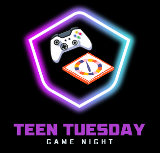 a six sided neon shape containing a white xbox controller and a boardgame with the words "teen tuesday" in purple large font and underneath "game night" in smaller white font