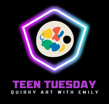 black background with a neon shape at the center, inside the shape is a mosaic paint palette. at the bottom in big purple lettering it reads "Teen Tuesday" under that it says "quirky crafts with emily"