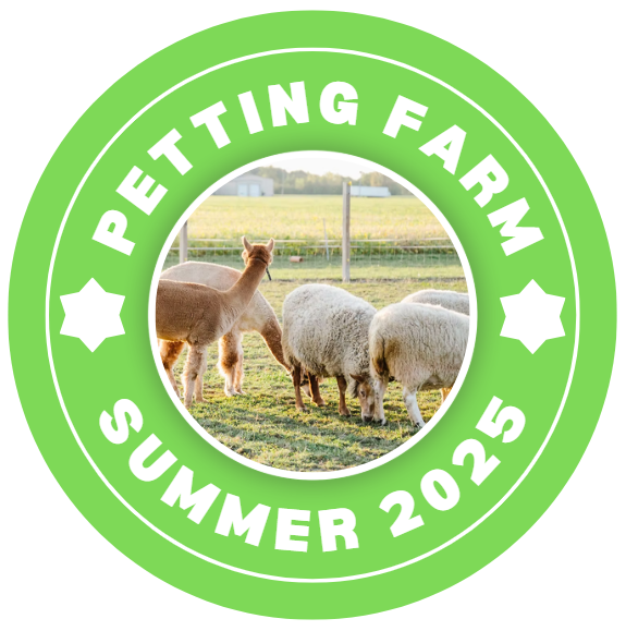 green circles with the words petting farm summer 2025 and a picture of a petting farm in the center