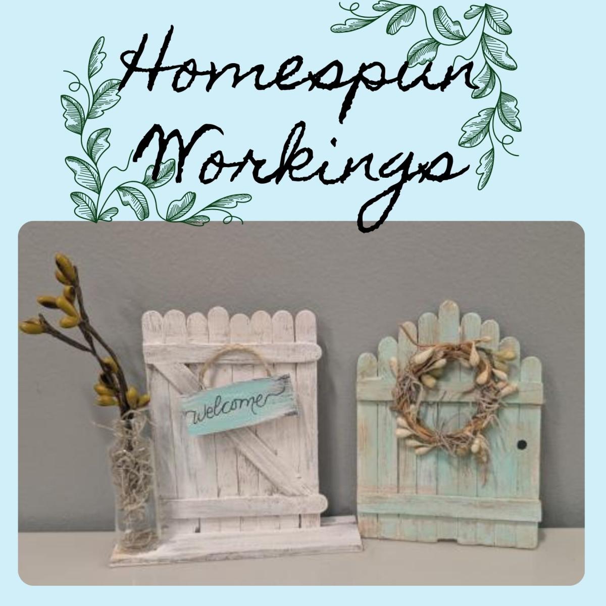 country gates made from popsicle sticks with wreaths and signs