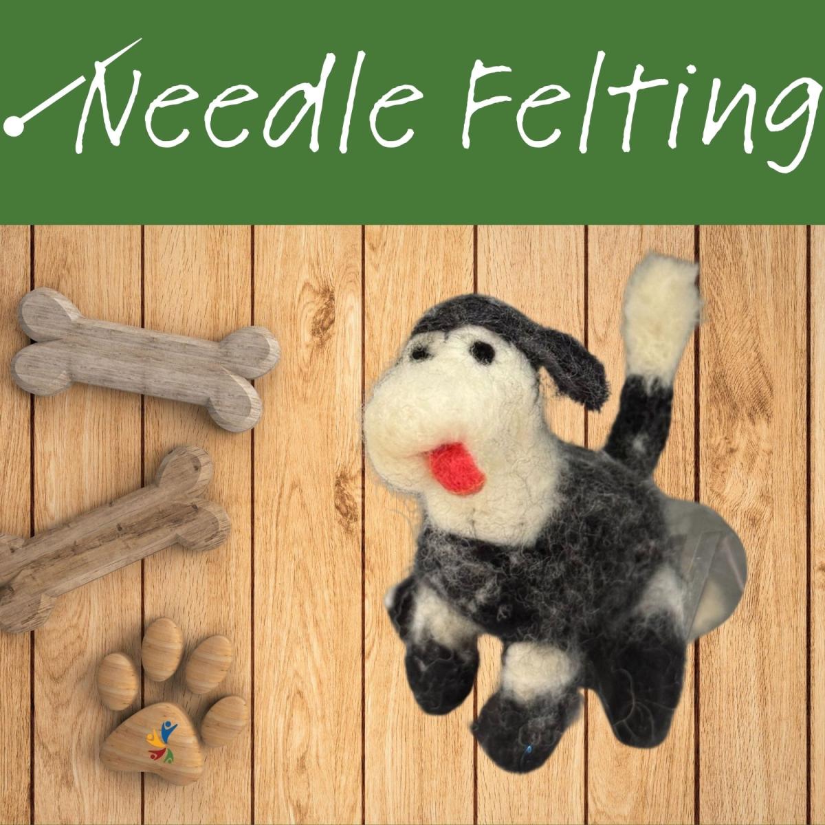 a needle felted black and white dog with a green and brown background