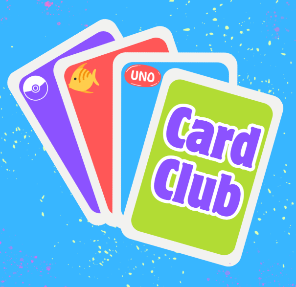black background with various playing cards and the words "Card Club" on the top card